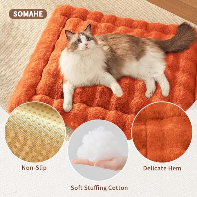Self-Warming Cat Bed, Plush Faux Fur Pet Bed Mat with Anti-Slip Bottom, Ultra Soft Heated Pad for Cats & Kittens, Cozy Fluffy Bed for Window & Sills Couches, Machine Washable, 23x15 Inch Orange
