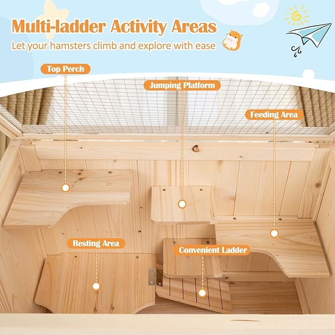 PETSITE 31.5 Inches Freestanding Wooden Hamster Cage, Chew-Proof 2-Layer Hamster House with Full Transparent Viewing, Flip-Top Roof, and Storage Shelf, Ideal for Dwarf Hamster and Gerbils