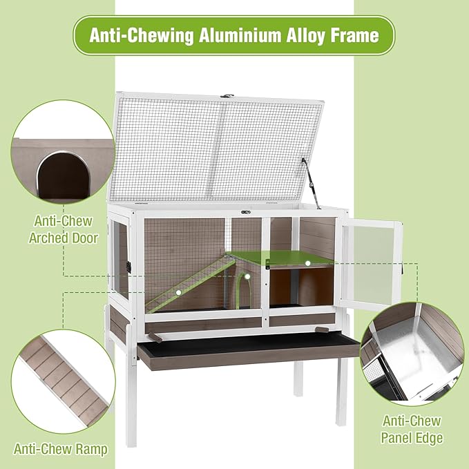 Indoor Rabbit Hutch Guinea Pig Cages with Chew-Proof Ramp, 2-Story Wooden Bunny House with Pull-Out Tray & Leakproof PVC Layer, Small Animal Cage with Detachable Legs (Brown)