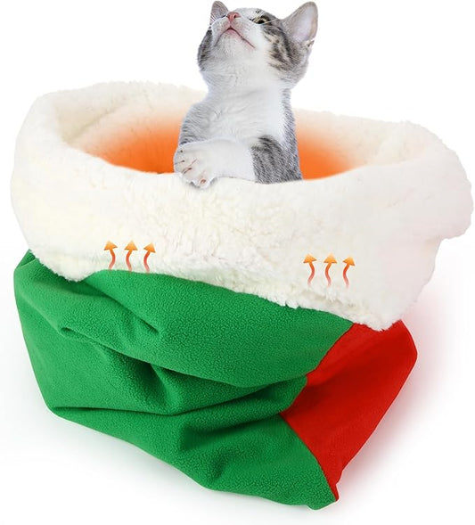 Self Heating Cat Sleeping Bag Indoor Self Warming Cat Bed Cave Heated Pad Cozy Soft Winter Washable Wrap Pet Snuggle Sack Pouch for Puppy Dog Kitten, 24 x 21 Inch (Festive,Red and Green)
