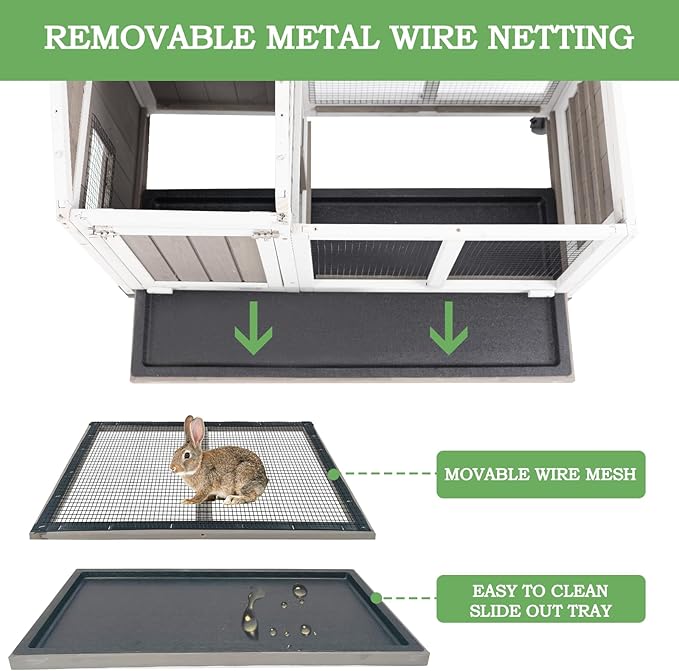76.38"L Rabbit Hutch Indoor and Outdoor with 8 Wheels,Wooden Rabbit Cage with Pull Out Leak-Proof Tray for 2-4 Rabbits,Bunny Hutch with Asphalt Roof Suitable for Garden,Park,Living Room,Grey