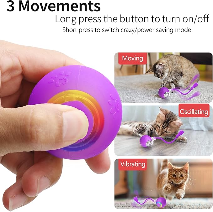 Interactive Cat Toys, Automatic Moving Cat Toys for Bored Indoor Adult Cats, Fast Rolling, Chirping & Motion-Activated Kitty Toys, Fun Gift for Cats with Speedy Tail 2.0, USB Rechargeable (Purple)