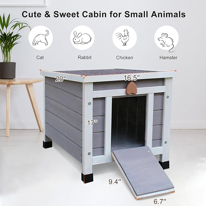Rockever Outdoor Cat House,Outdoor cat Houses for Feral Cats Weatherproof Rabbit Hutch Small, Wooden Small Pet House and Habitats-Grey with Mat