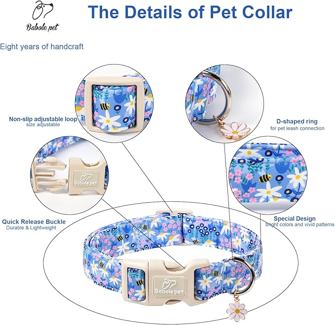 Floral Dog Collar for Large Dogs - Cute Spring Dog Collars, Soft Lightweight Bee & Daisy Puppy Collar, Breathable Adjustable Male Female Blue Wildflowers Dogs Collars L