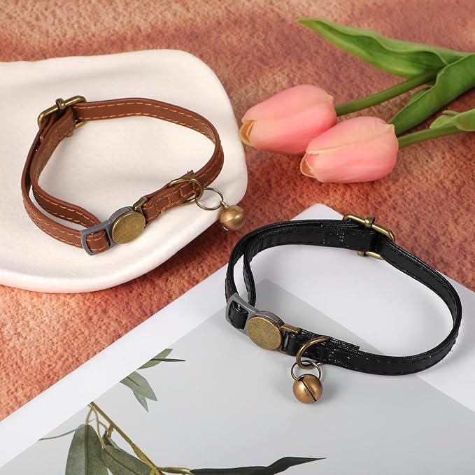 2 Pcs PU Leather Cat Collar Breakaway with Bell, Personalized Adjustable Cat Collars Retro Collars Pet Leather Collar with Quick Release Buckle for Cats Kittens