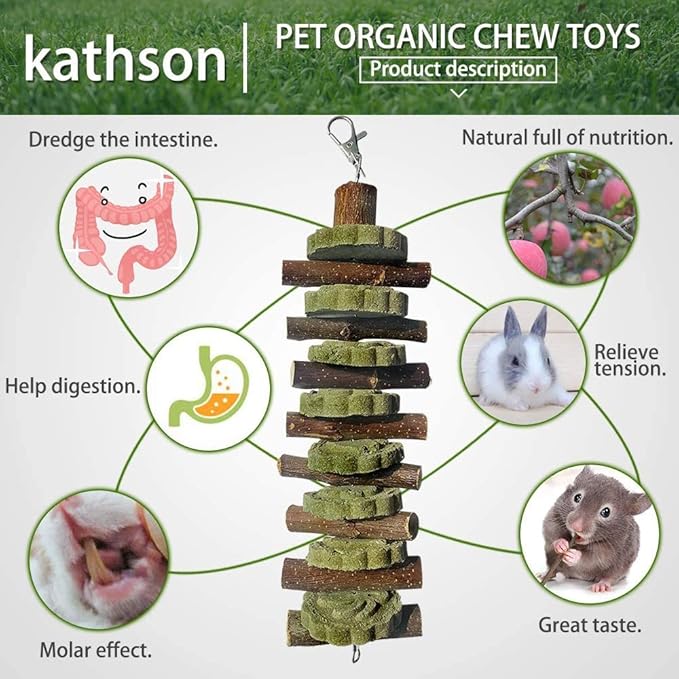 kathson 4PCS Bunny Chew Toys for Teeth Grinding, Chinchilla Treats Organic Bamboo Sticks Natural Fruitwood Branches for Rabbits Guinea Pigs Hamsters (Fruitwood Sticks+Alfalfa Cakes)
