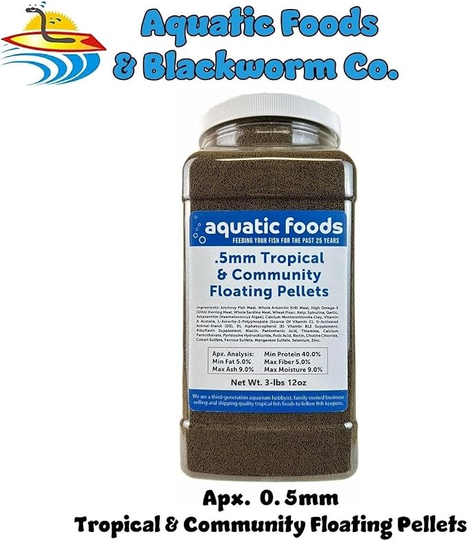 Aquatic Foods Inc. 0.5mm - 1/64" Tropical & Community Fish Floating Micro Pellets for Tetras, Guppies, Angel Fish, Small Cichlids, Goldfish. All Tropicals. - WL…3-lbs 12oz Jar