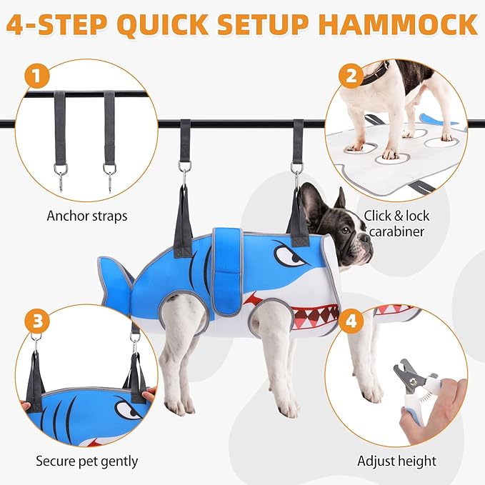 Dog Grooming Hammock for Small Dogs Cats, Cute Shark Design Dog Hanging Harness for Nail Trimming/Clipping, Pet Sling with Grooming Kit and Thick Neck Support & Strap Restraint Claw Care,XS