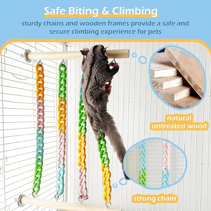 Sugar Glider Climbing Toys, Natural Wood with Sturdy Colorful Chains Hanging Toys Sugar Glider Cage Accessories, Wobble-Free Rat Enrichment Toys for Small Animals and Parrots (1pc)