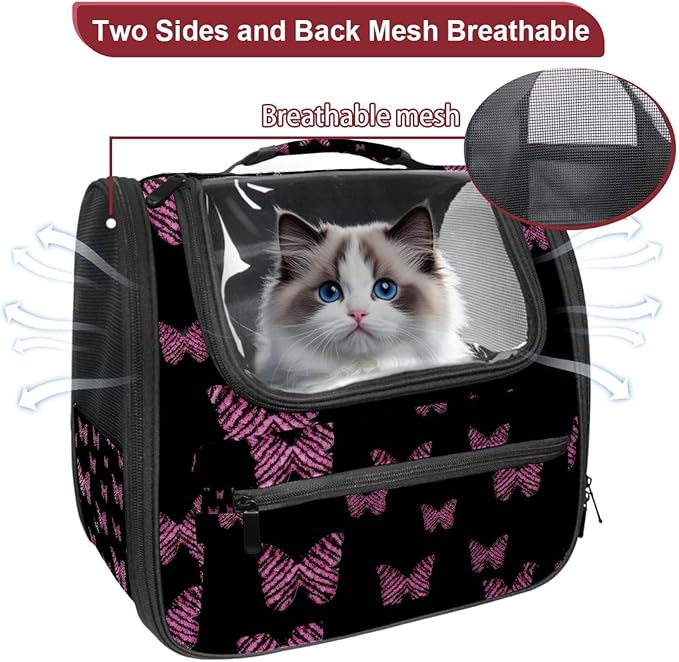 Butterfly on Black Background Pet Carrier Airline Approved Soft Sided Portable Cozy Travel Pet Bag, Car Seat Safe Carrier for Cats and Dogs