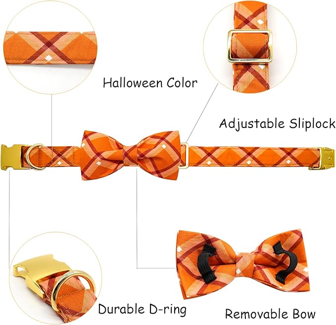 Fall Dog Collar, Pet Collar Bow Orange Plaid Dog Collar Girl Boy Holiday Pet Collar Gift Collars Cute Soft Puppy Collars for Small Dogs