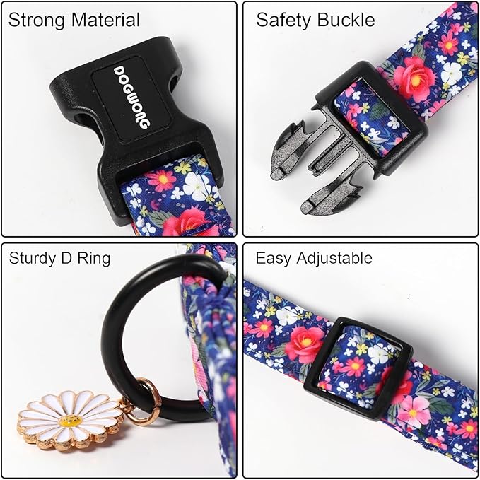 DOGWONG Blue Flower Dog Collar, Cute Adjustable Floral Collar, Girl Female Dog Collar with Strong Plastic Buckle for Small Medium Large Dogs,L