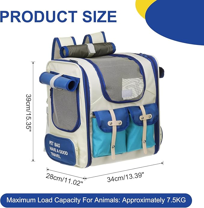 Pet Backpack Carrier, Portable and Ventilated, Oxford Cloth, Dogs Cats and Small Animals Travel Bag 13.39", (Beige, White, Blue, 1 Pcs), Intended for Hiking/Camping/Traveling