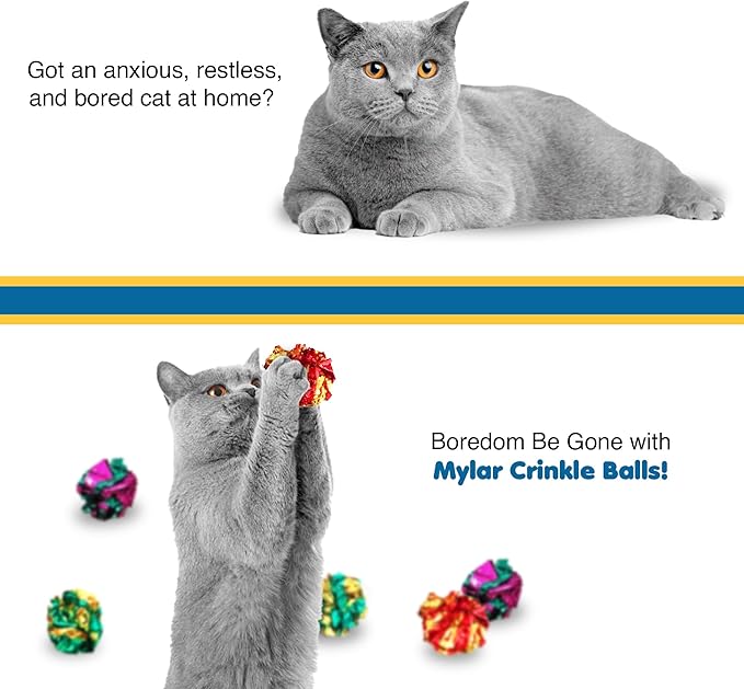 SunGrow Cat Crinkle Balls, Shiny, Mylar Crinkler, Stress-Relief Toy for Kittens, Interactive & Engaging, Keeps Grown-up Cats Active, Encourages Multi-cat Play, Provides Endless Entertainment, 6 Pcs