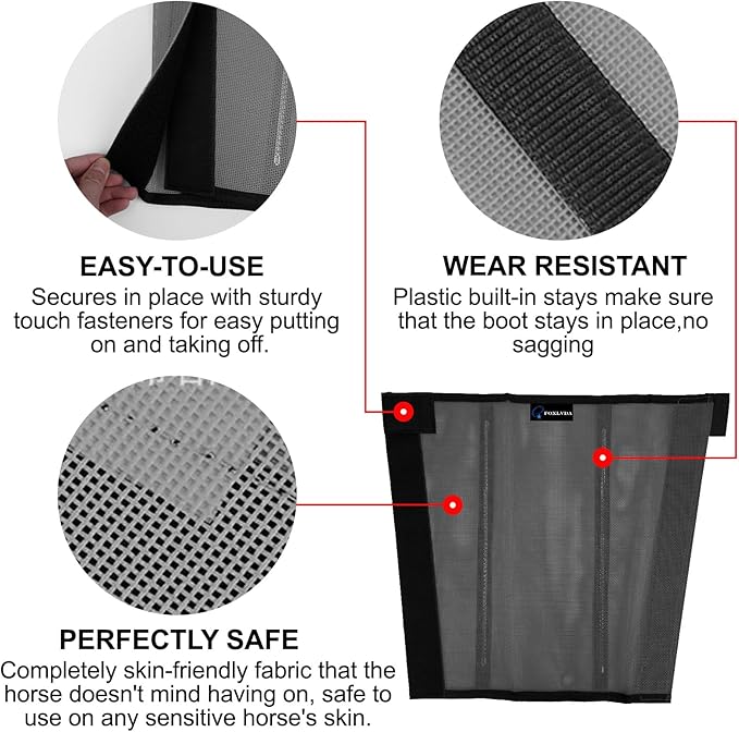 FOXLVDA Horse Fly Boots - Fly Boots for Horses Set of 4, Comfortable Horse Leggings, Mesh Material Design with Metal Support Bars for Reduces Stomping & Leg Fatigue (Dark Gray, Medium)
