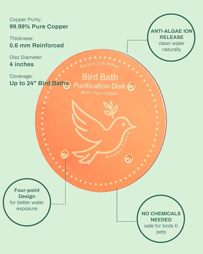Bird Bath Purification Disk Pure Copper Outdoor Winter Solar Power Birdbath Heater Deicer Cage Hanging Bowl Metal Warmer Deck Railing Glass Concrete Ceramic Stone Stand Water Sunflower Bird