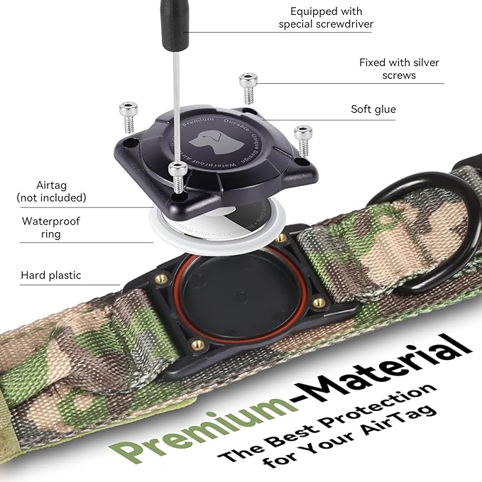 2026 Upgrade Waterproof AirTag Dog Collar, Military Tactical Dog Collar with AirTag Holder, Comfortable Control Handle and Metal Buckle, GPS Dog Collar Holder for Medium to Large Dogs (Camouflage, XL)