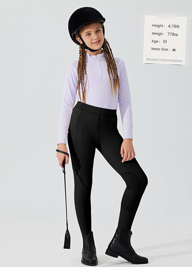 Willit Girls Horse Riding Pants Tights Kids Equestrian Breeches Knee-Patch Youth Schooling Tights Zipper Pockets
