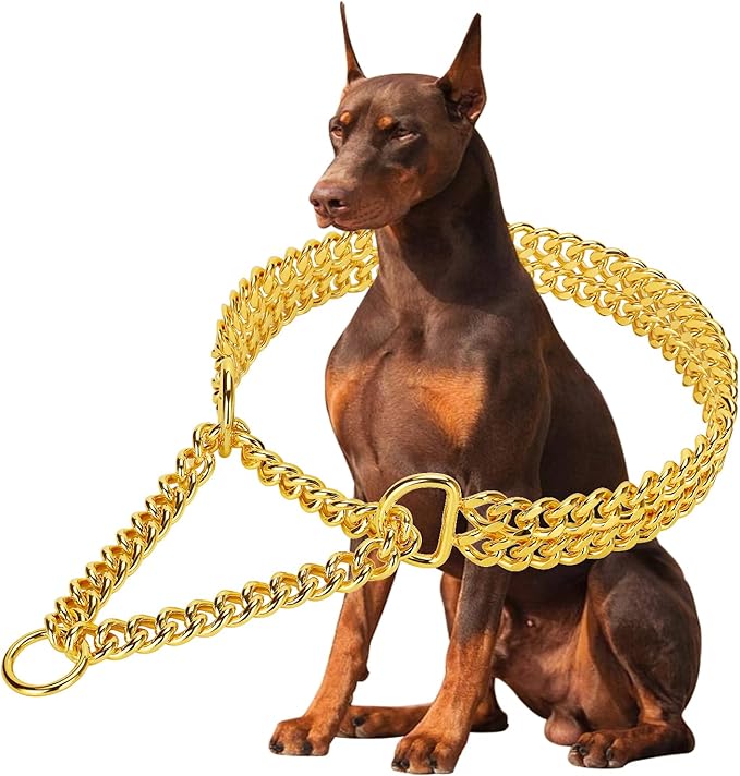Stainless Steel 18K Gold Dog Collar - Adjustable, Chew Proof Cuban Link Chain Collar for Large, Small, Medium Dogs (XL 26" -28")