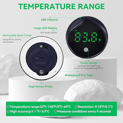 Removable Aquarium Water Thermometer Gauge with Touch Screen Digital Fish Tank Thermometer LED Display ±1℉/℃, Fish Tank Accessories for Betta, Axolotl, Shrimp, Turtle, Reptile and Aquatic (Dark Blue)