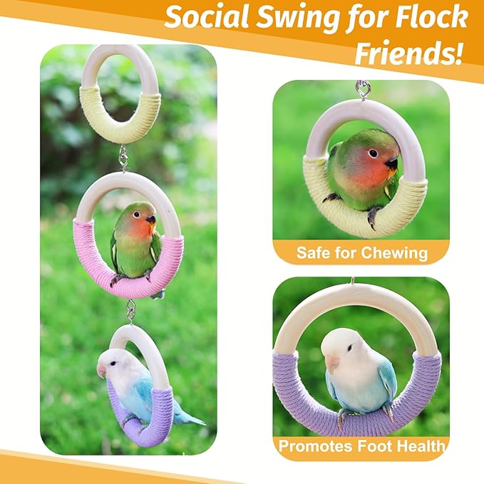 3-Ring Bird Wooden Swing Climbing Toy Chewable Cotton Rope Perch for Cage Cockatiels Budgies Parakeets Lovebirds