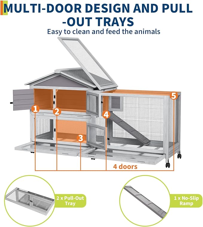 Rabbit Cage with Weatherproof Roof, Bunny Cage with 6 Lockable Caster Wheels & Pull-Out Tray, Rabbit Hutch for Indoor Outdoor Use, Grey（63.2" l x 22.4" w x 37"）