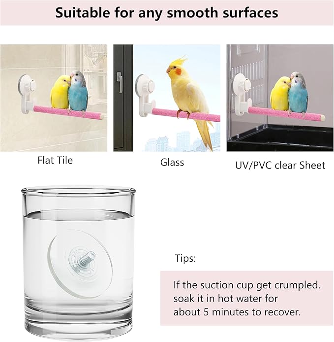 Suction Cup Bird Perch,Wooden Parrot Window/Mirror/Car/Travel/Shower Perches Stand Quartz Portable Parakeet Grinding Stick Training Toys for Small and Medium Birds(Pink)