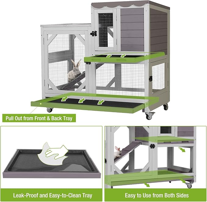 Gutinneen 2-Story Rabbit Hutch Indoor Bunny cage Outdoor Wooden Rabbit Cage House with Chew-Proof Ramp, 2 Leak-Proof Trays, 4 Lockable Wheels for Rabbits, Guinea Pigs, 39.3”L×22”W×36.8”H (Grey)
