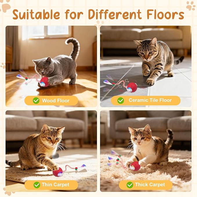 Interactive Cat Ball Toy, Chirping Motion Activated Electric Rechargeable Cat Toy with 2 Replaceable Tails, Self Play Hunting Rolling Indoor Cat Toys for Bored Adult Cats & Kittens - Boredom Busters