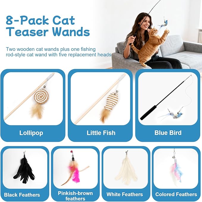 8 Pack Cat Wand Toy Cats Toy (2 Solid Wood Teases+1 Extendable Teaser Wand with 5 Replacement Heads