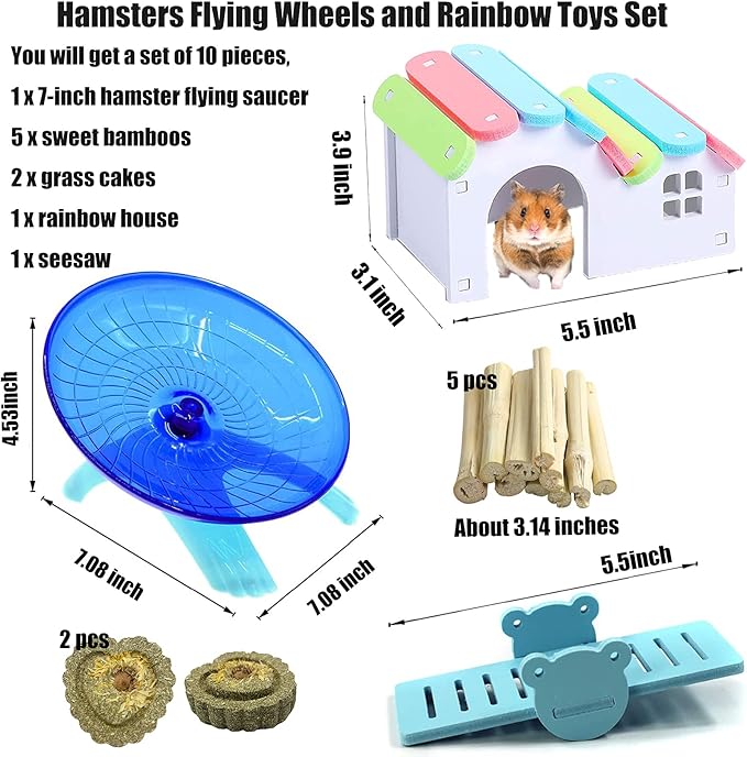 Hamiledyi Hamsters Flying Saucer Silent Mouse Wheel Small Gerbil Running Exercise Toy Kit with Rainbow House Seesaw Grass Cake Sweet Bamboo Snacks for Dwarf Mice 10 Pcs