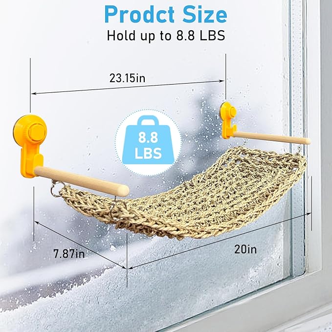 VCEPJH Bearded Dragon Hammock Large Reptile Window Perch Seagrass Climbing Tank Accessories Lizard Lounger Bed with Powerful Suction Cups Bearded Dragon Toys for Gecko Chameleon Basking (19.68 * 7.87)