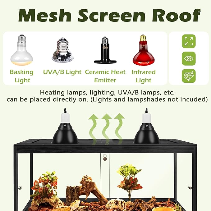 PROLEE Bearded Dragon Tank,81 Gallon Reptile Tank with Meatl Mesh Roof and Front Sliding Door, Lizard Tank,Spacious Reptile Enclosure for Snakes,Lguanas, Chameleons (Black)