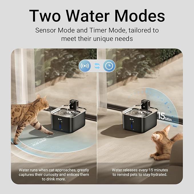DownyPaws Cat Water Fountain Stainless Steel Wireless, 101 oz/3L FurSink Cordless Water Fountain for Cats, Battery Operated Cat Fountains for Drinking with Motion Sensor, Easy Clean, Black