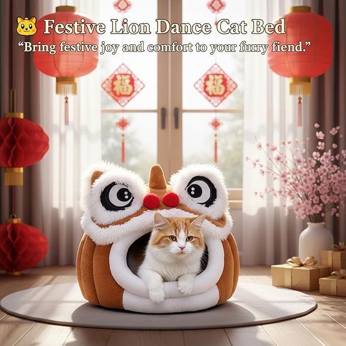Cute Lion Head Pet Beds for Cats, Chinese Lion Dance Lion Cats Bed, Soft Cozy Plush Cat House & Dog Cave with Cushion for Small Medium Cats Dogs (Brown,M)