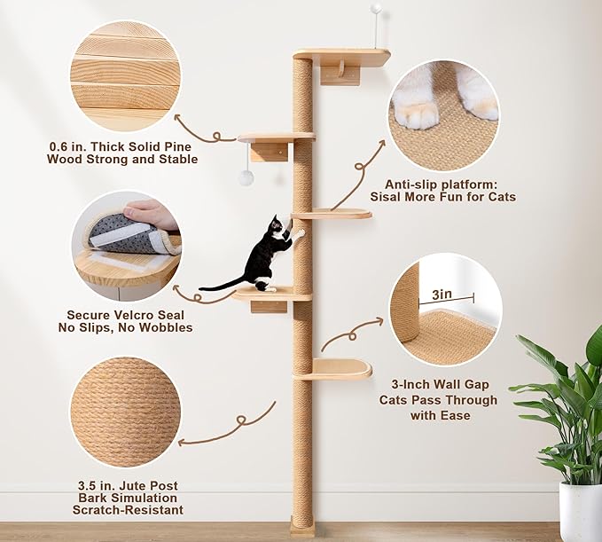 Wild Simulation Cat Tree for Kittens, 5-Level Floor to Ceiling Cat Wall Shelves with Sisal Mat Platforms, Suit for Kitten cat