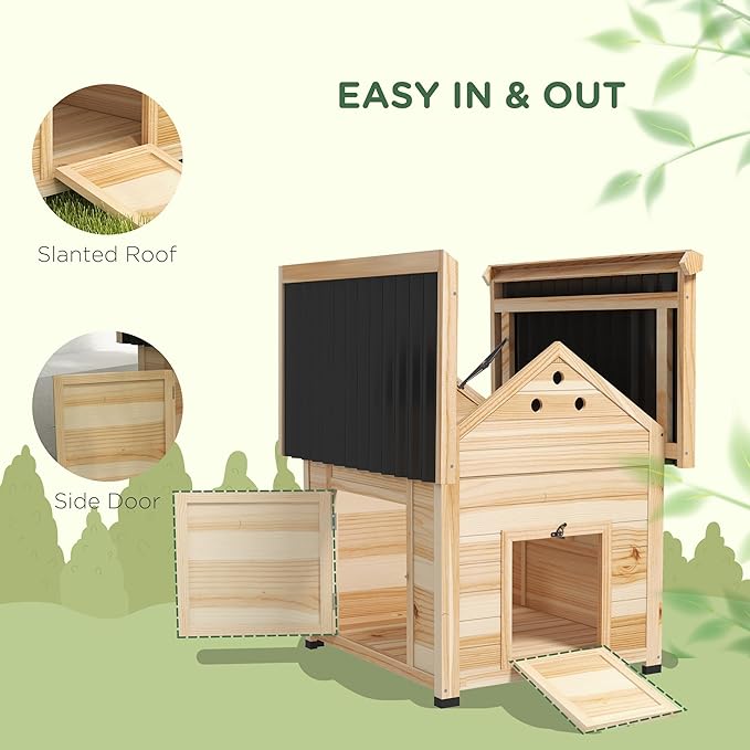 PawHut Duck Coop, Wooden Chicken Coop, Duck House with Openable Roof, Double Doors, Removable Base for 1-3 Ducks, Chickens, 31" L, Natural Wood