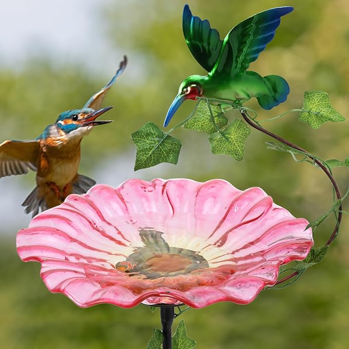 MUMTOP Bird Baths for Outdoors, 2 Pack Glass Bird Bath Stake, Hummingbird and Fairy Birdbaths & Support with Leafs, Bee Baths for Garden, Outside, Lawn, Outdoor Decor (Blue,Pink)