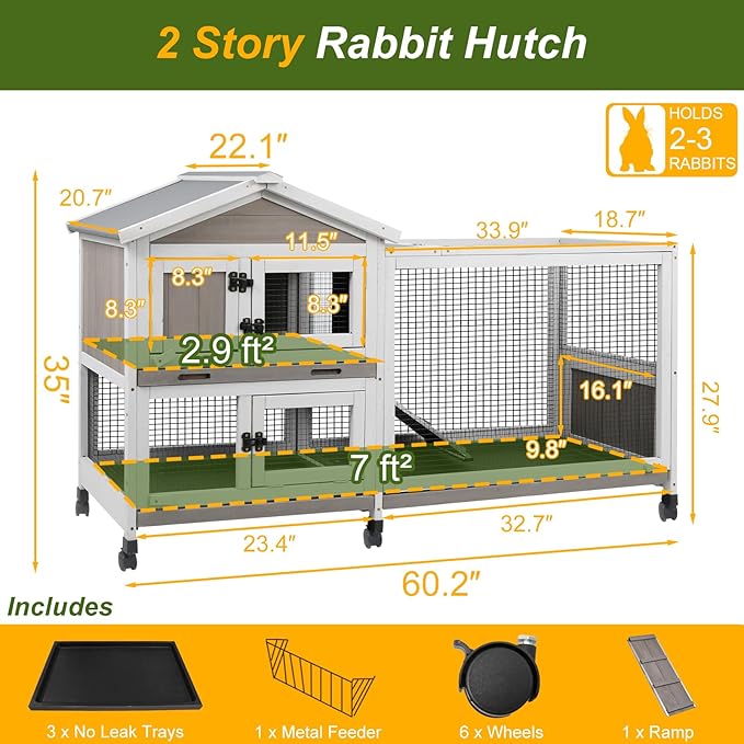PetsCosset Rabbit Hutch Outdoor Indoor Bunny Hutch with Run 2-Story Large Rabbit Cage on 6 Wheels, 3 Leak Proof Trays, Ramp, Waterproof Roof for Small to Medium Animals, Expandable Design