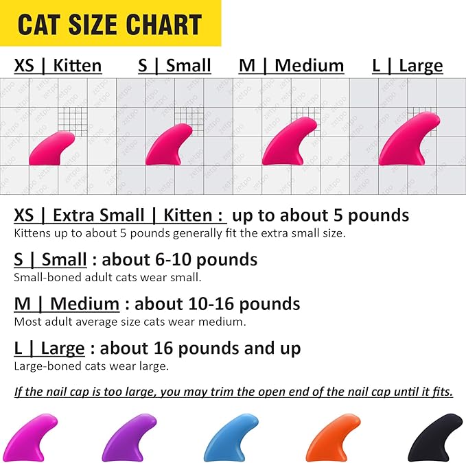 zetpo Cat Nail Caps | Cat Claw Covers | with Adhesives and Applicators (L, 5X Solid Random Colors | 100 pcs)