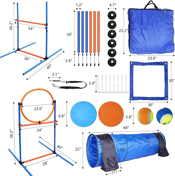 Premium Dog Agility Equipment Set Outdoor Indoor Game, Tire Jump + Hurdle Jump, Tunnel, Weave Poles, Pause Box, 2 Toy Balls, 2 Flying Discs, 1 Whistle, 1 Bag, Backyard Dog Training Obstacle Course Kit