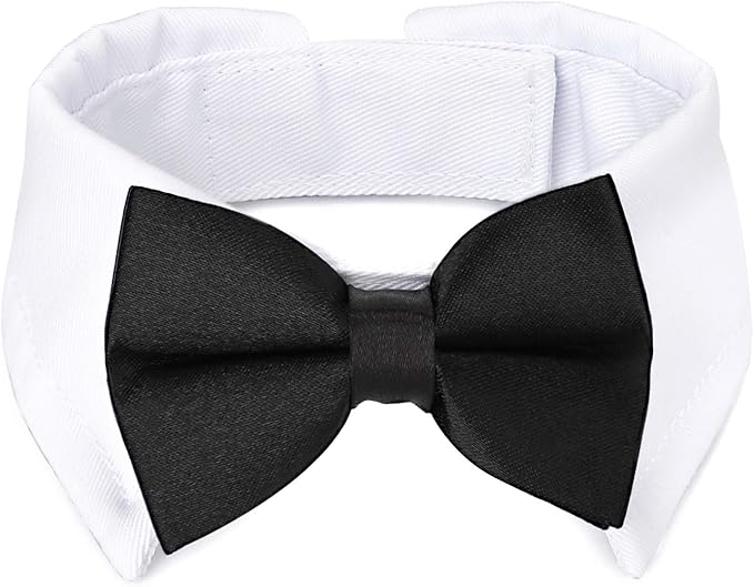 Segarty Black Bow Tie Dog Collar for Neck Girths 10.2-12.6 in, Tux Bowtie with Handcrafted Adjustable White Collar Formal Pet Cats Puppies Necktie for Wedding Birthday Party