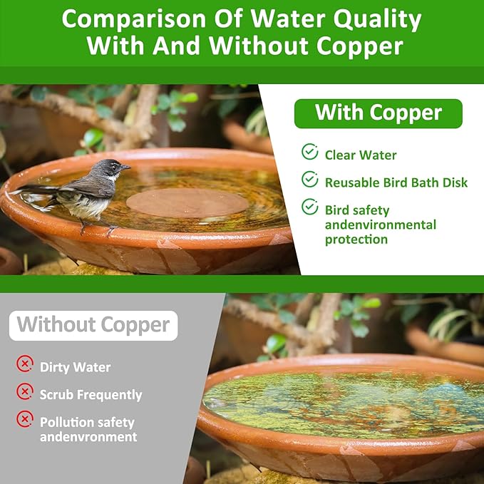 Bird Bath Copper Disk, 0.6mm Thick 99.99% Pure Copper Purification Disk with Triple-Point Support, Safe Physical Cleaning for Outdoor Birdbaths, Bowls, All-Season Universal Fit