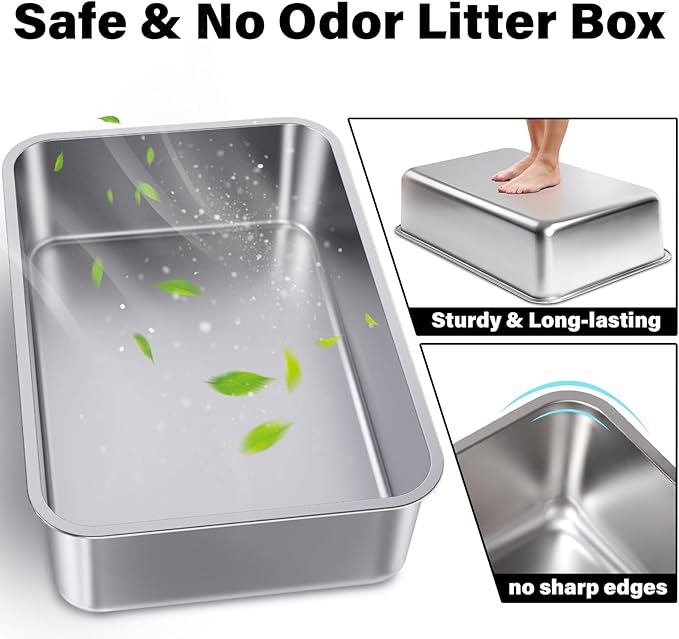 Stainless Steel Cat Litter Box,Metal Litter Box,Cat Litterbox for Kitten, Kitty, Rabbit, 6" High Side Cats Litter boxs,Large Stainless Steel LitterBox, No Smell,Non Stick,Easy to Clean