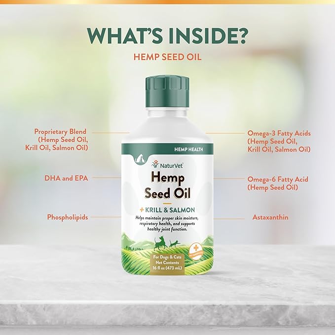 NaturVet Hemp Seed Oil Krill and Salmon, 16 oz. Liquid, Made in The USA