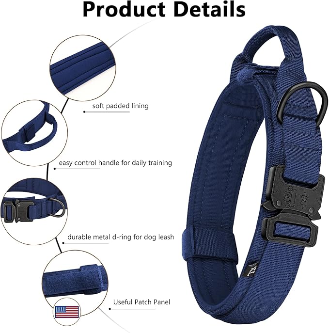 DAGANXI Tactical Dog Collar, Adjustable Military Training Nylon Dog Collar with Control Handle and Heavy Metal Buckle for Medium and Large Dogs, with Patches and Airtags Case (Midnight Blue-Set, XL)