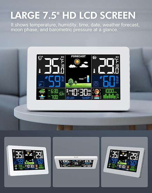 Weather Station Wireless Indoor Outdoor Thermometer, Digital Thermometer with Remote Sensor, Large Display Home Weather Stations with Weather Forecast, Atomic Clock, Barometric Pressure, Moon Phase