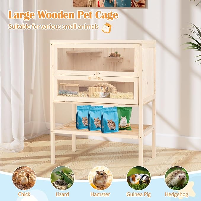 PETSITE 31.5 Inches Freestanding Wooden Hamster Cage, Chew-Proof 2-Layer Hamster House with Full Transparent Viewing, Flip-Top Roof, and Storage Shelf, Ideal for Dwarf Hamster and Gerbils