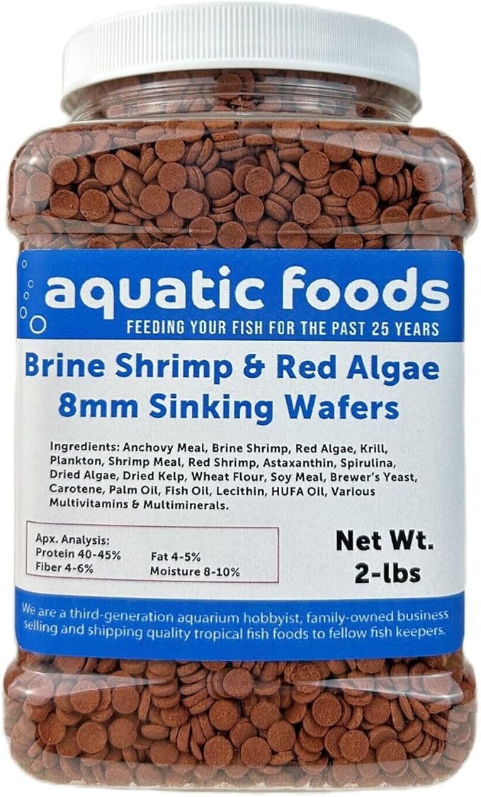 Aquatic Foods Inc. 8mm - 1/3" Brine Shrimp & Red Algae Color Enhancing Sinking Wafers for Shrimp, Snails, Crabs, Plecos, Catfish. Bottom and All Tropical Fish...WL 2-lbs Med Jar