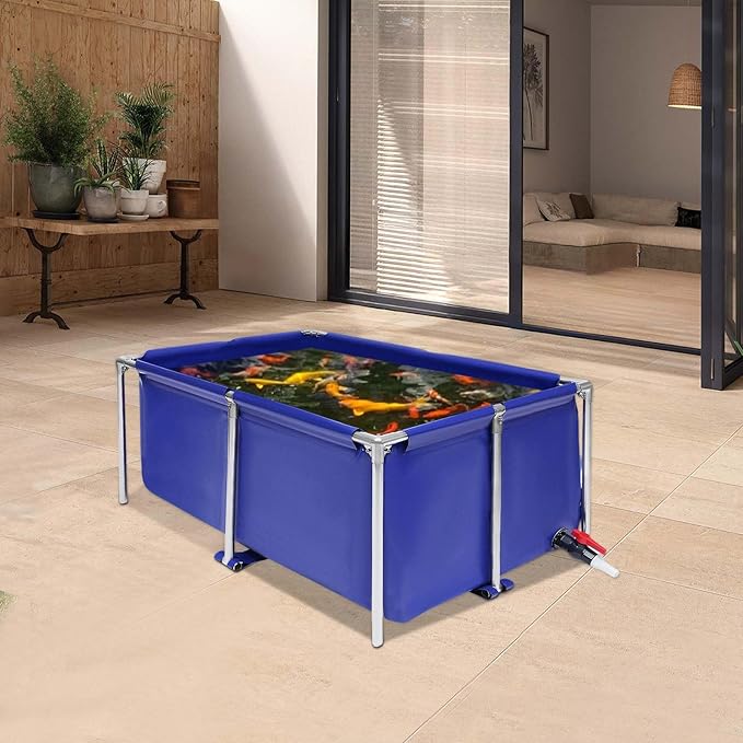 Foldable Fish Pond Aquarium Blue Cuboid Canvas Fish Pond Aquarium, Koi Breeding Pond with Metal Frame and Drain Valve for Home Breeding Pond or Aquaculture